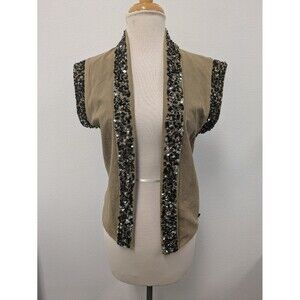 Maison Scotch Y2K Tan Rhinestone Beaded 100% Cotton Vest sz S Indie Western Boho